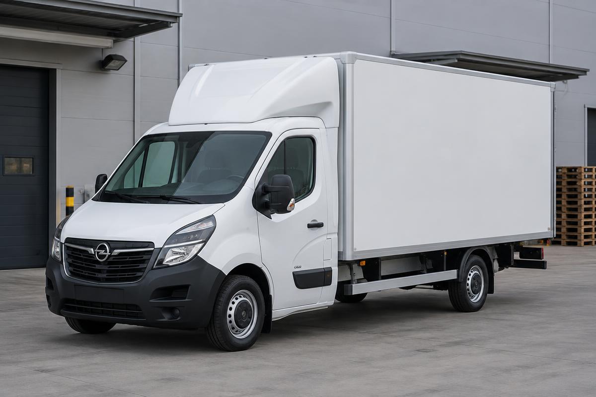 Bílá dodávka Opel Movano se skříňovou nástavbou u nakládací rampy